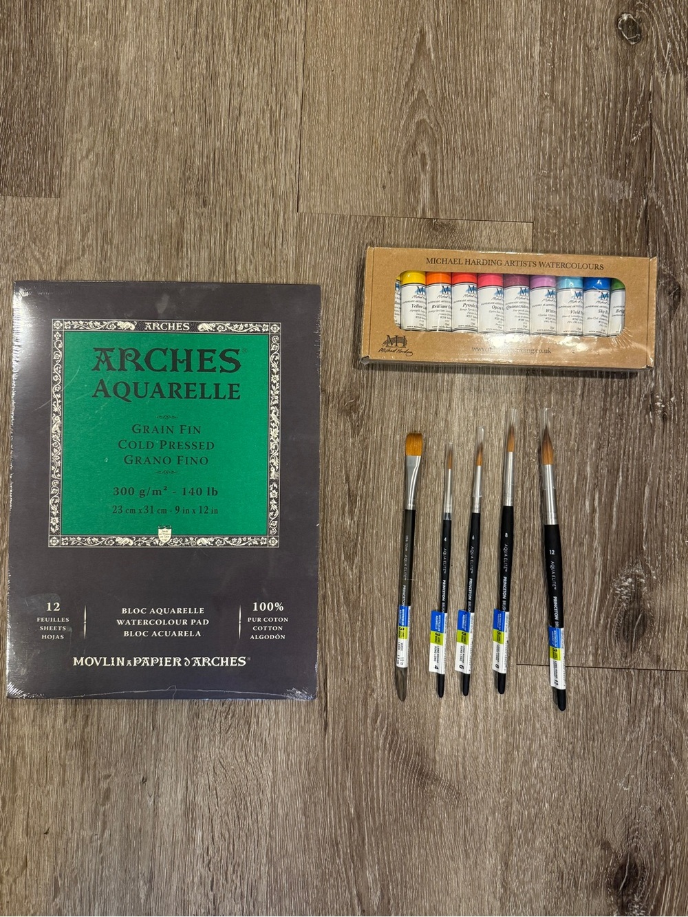 Michael Harding Watercolor Paint (Vivid Set of 10) + 5 Aqua Elite Paintbrushes